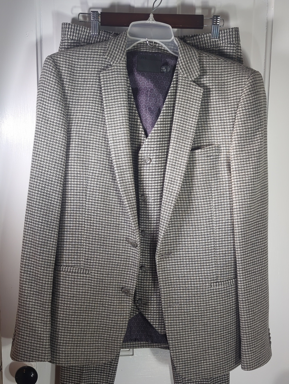 ASOS Mens Grey Houndstooth Wool Blend Slim Fit 3 Piece Suit